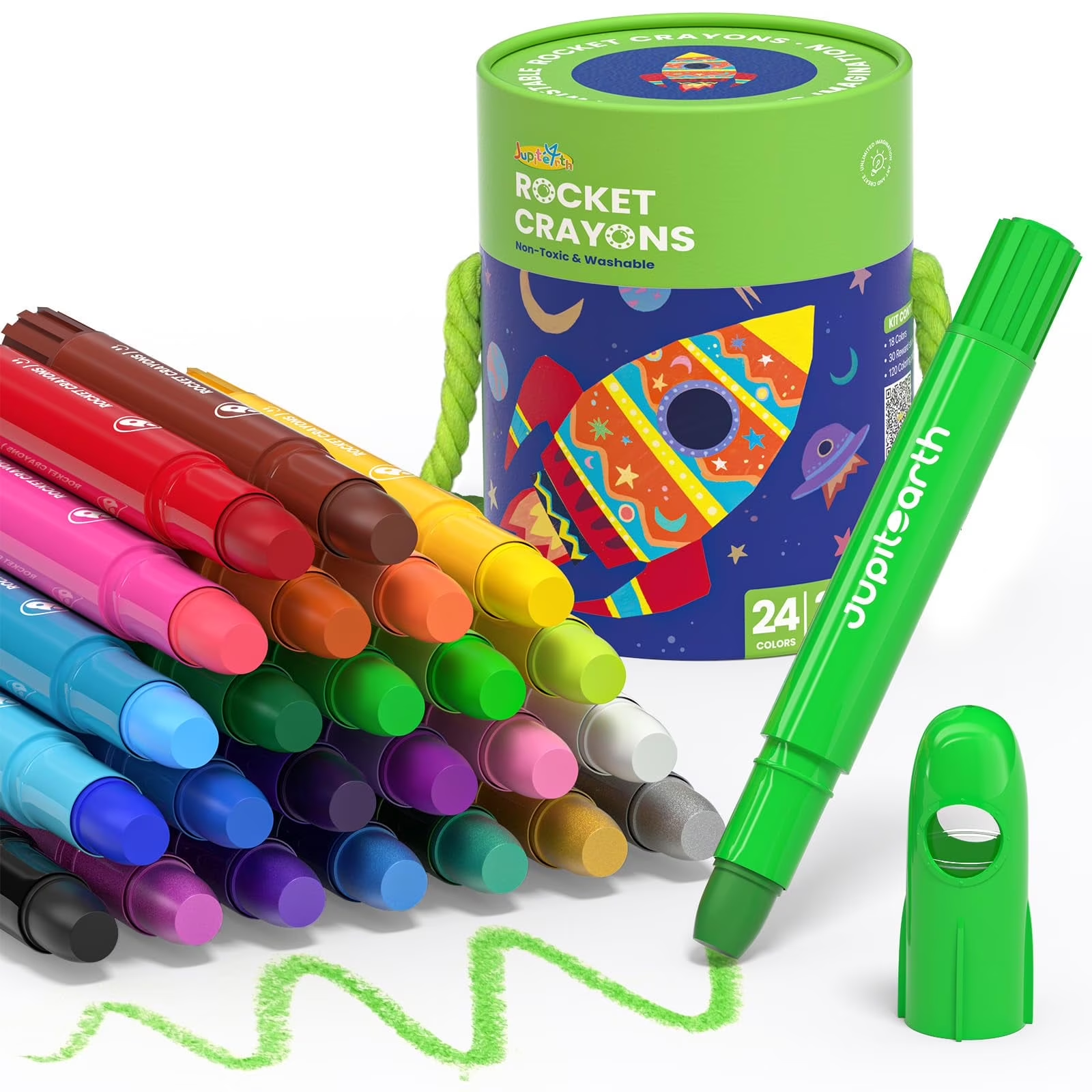 Jupitearth 24 Ct Twist Crayons for Toddlers 1-3,Ages 4-8 Non-Toxic Washable Crayons with Storage Bucket, Ultra-Silky and Easy to Hold Art Supplies
