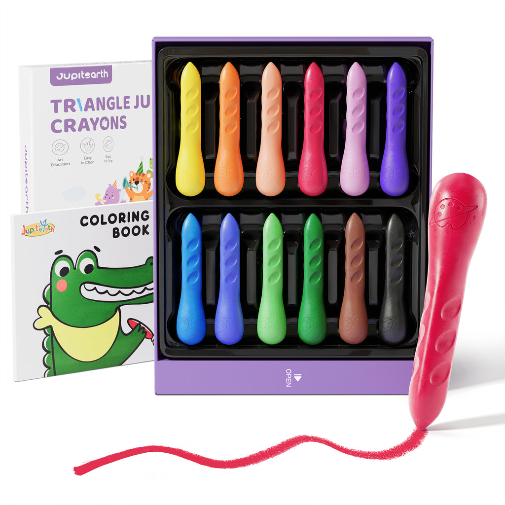 JUPITEARTH 12 Ct Crayons with Coloring Book & Bonus Stickers, Non-Toxic & Washable Triangle Art Supplies and Ideal for