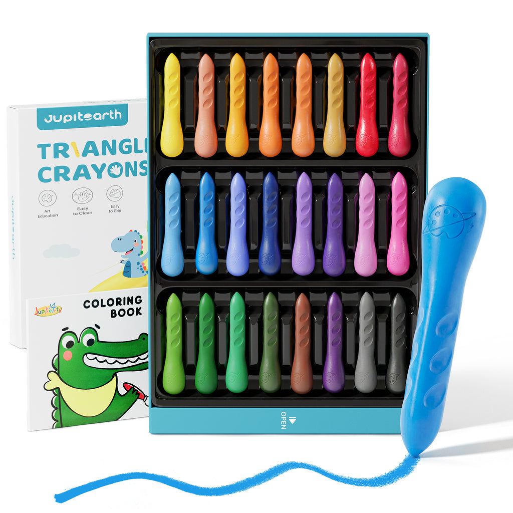JUPITEARTH 24 Ct Crayons with Coloring Book & Bonus Stickers, Non-Toxic & Washable Triangle Art Supplies and Ideal for