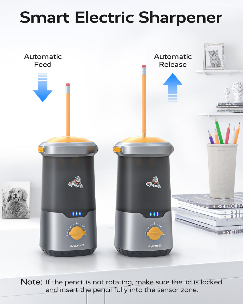 Jupitearth Black Office Supplies/Pencils & Pencil Electric Pencil Sharpeners,Hands-Free,Auto in & Out Spaceship for Home and Office