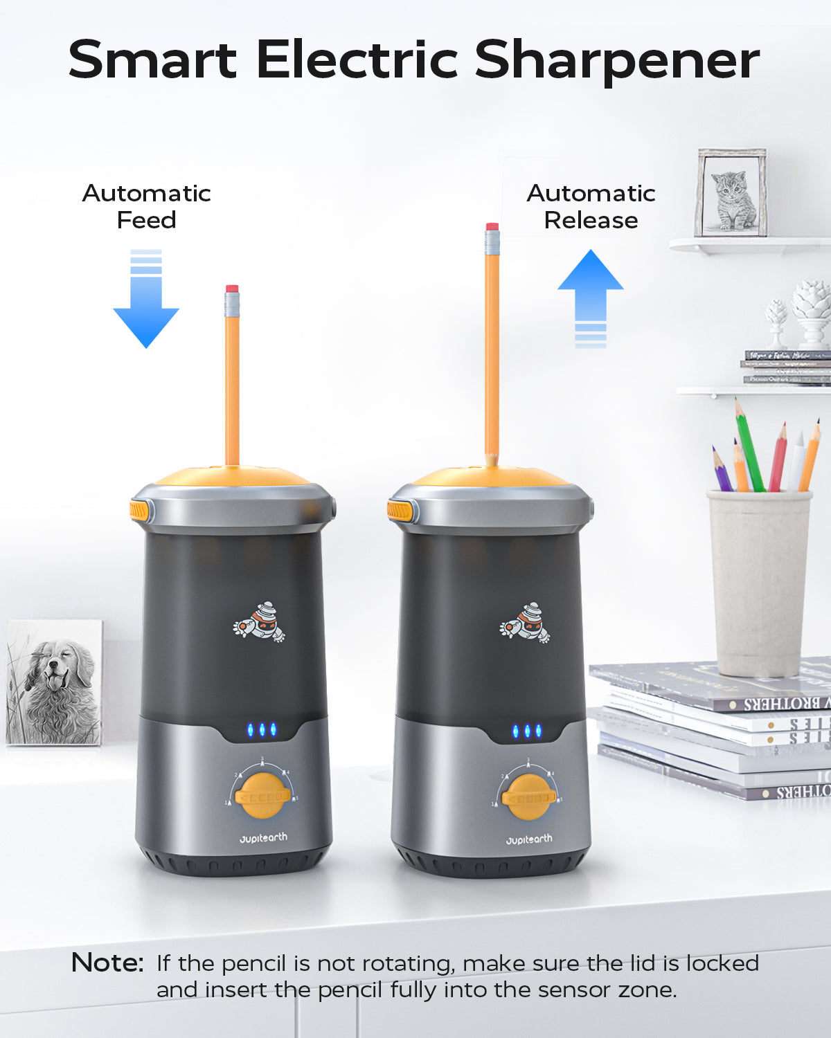 Jupitearth Black Office Supplies/Pencils & Pencil Electric Pencil Sharpeners,Hands-Free,Auto in & Out Spaceship for Home and Office