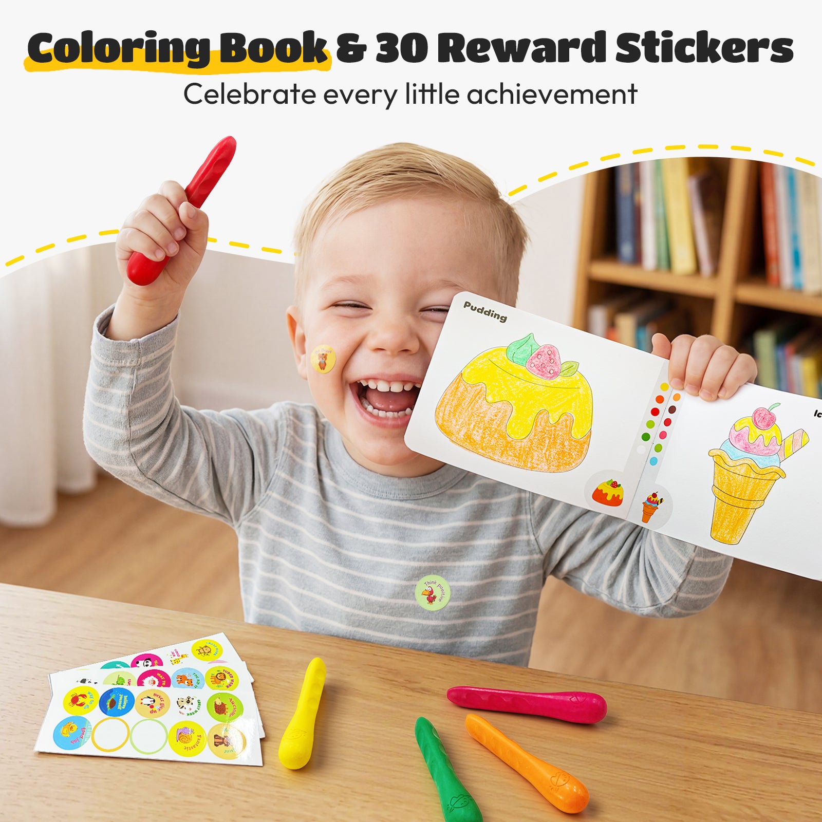 JUPITEARTH 12 Ct Crayons with Coloring Book & Bonus Stickers, Non-Toxic & Washable Triangle Art Supplies and Ideal for
