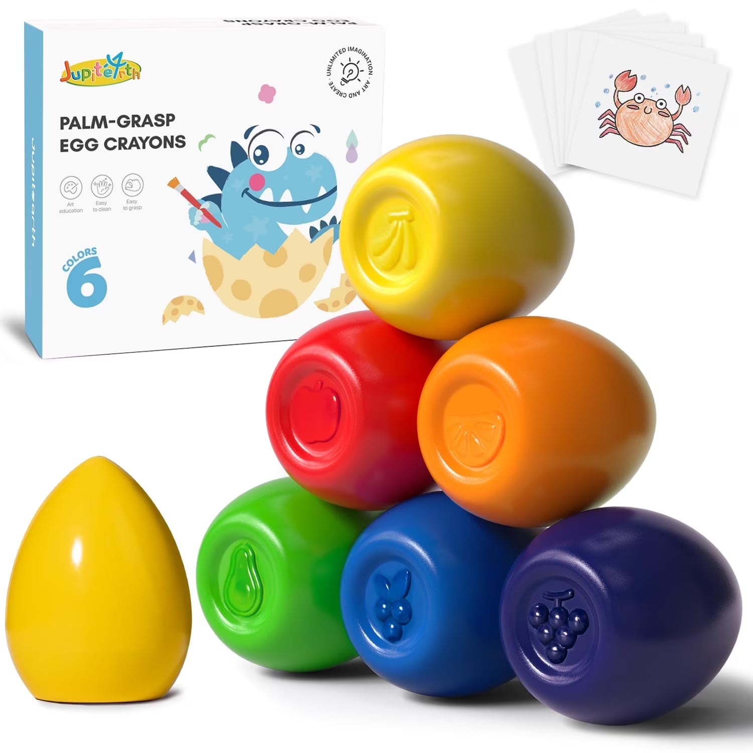 Jupitearth 6 Ct Jumbo Egg Crayons, Washable, Non Toxic