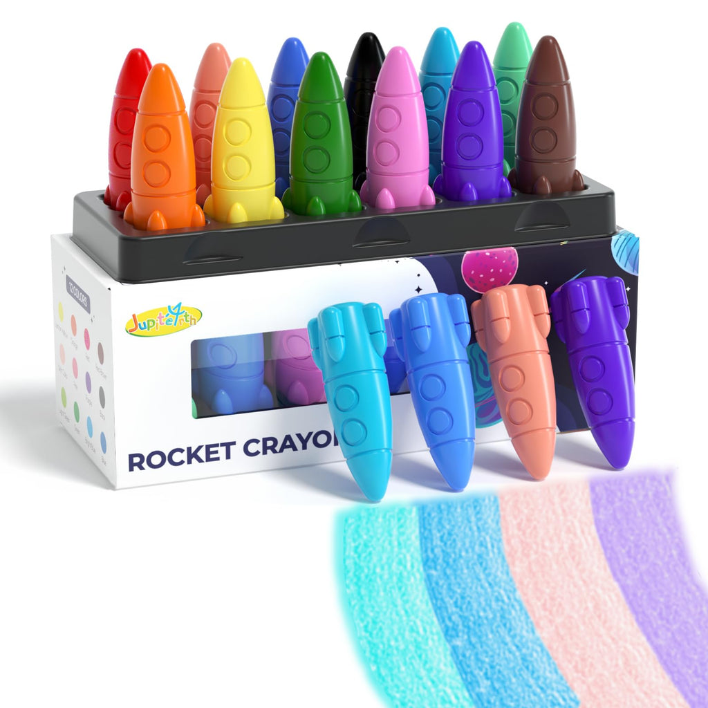 Jupitearth 12 Ct Non-Toxic Washable Rocket Crayons for,Easy-to-Hold Gifts & Mess-Free Art Supplies for Little Hands