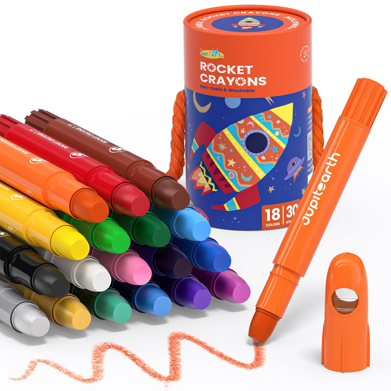 Jupitearth 18 Ct Twist Crayons for Toddlers 1-3,Ages 4-8 Non-Toxic Washable Crayons with Storage Bucket, Ultra-Silky and Easy to Hold Art Supplies