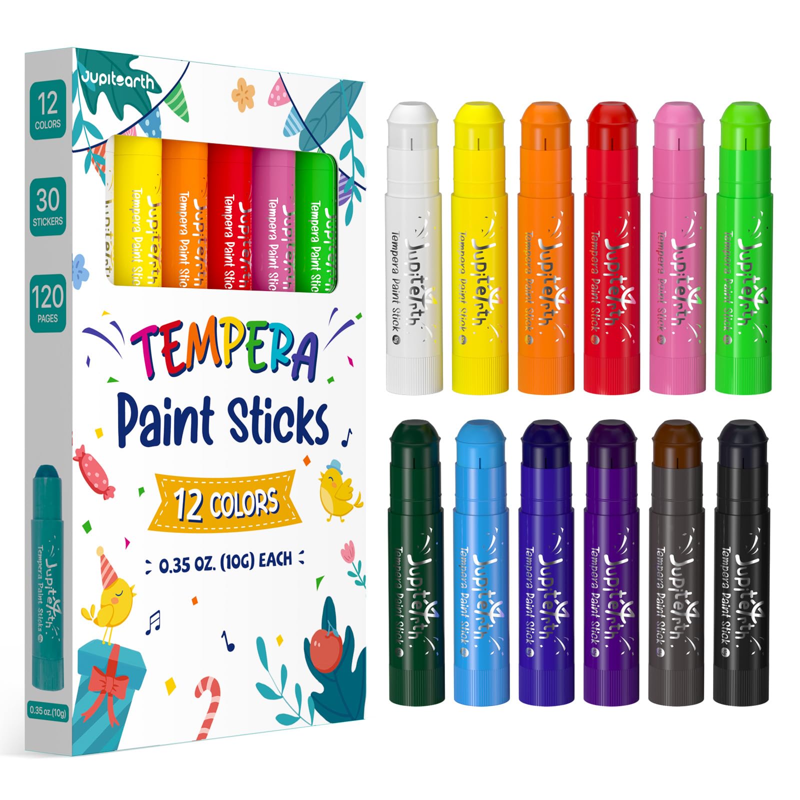 Jupitearth 12 Ct Tempera Paint Sticks,Quick Drying, Smooth,Non-Toxic and Washable for Kids and toddlers,Back to School Supplies,Art Supplies