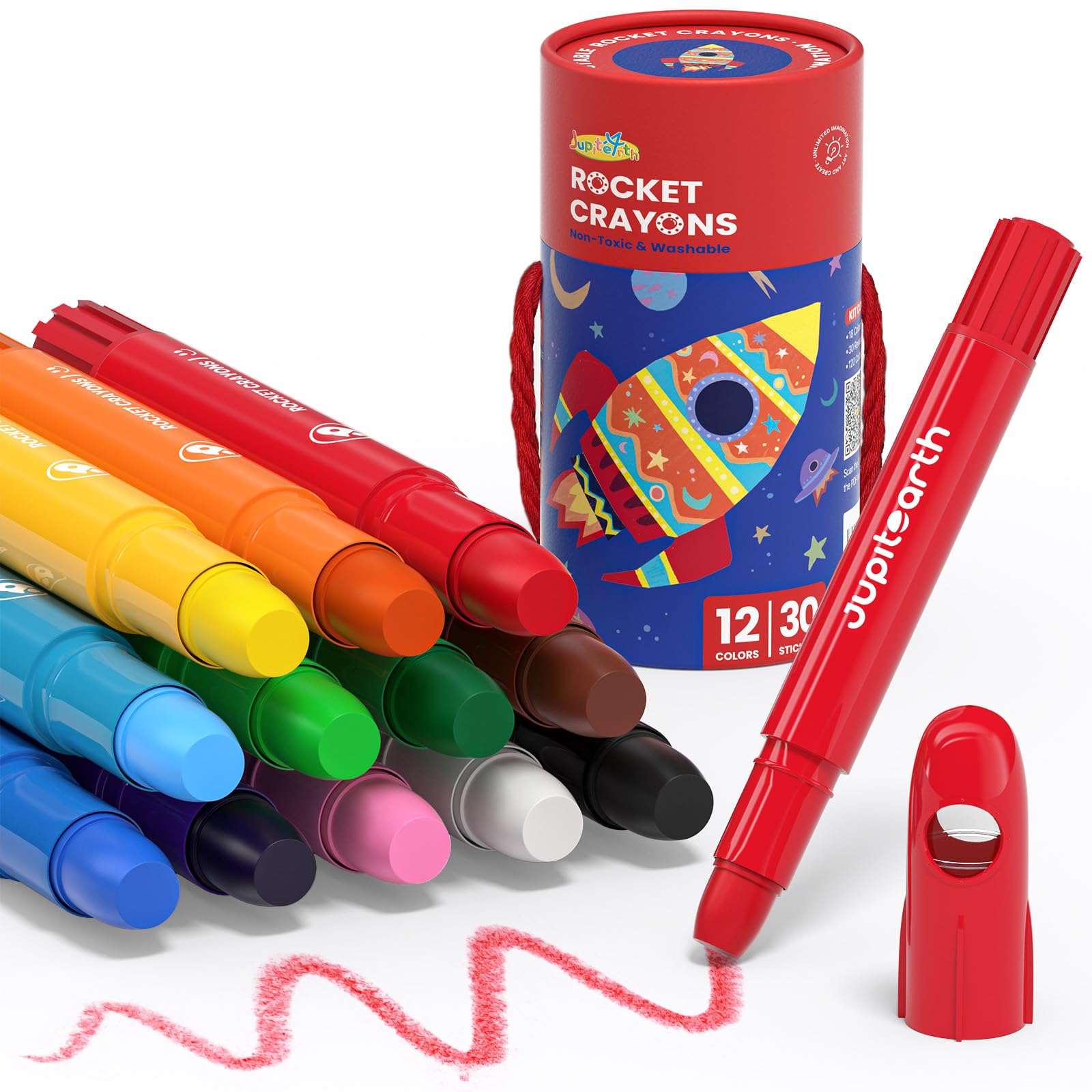 Jupitearth 12 Ct Twist Crayons for Toddlers 1-3,Ages 4-8 Non-Toxic Washable Crayons with Storage Bucket, Ultra-Silky and Easy to Hold Art Supplies