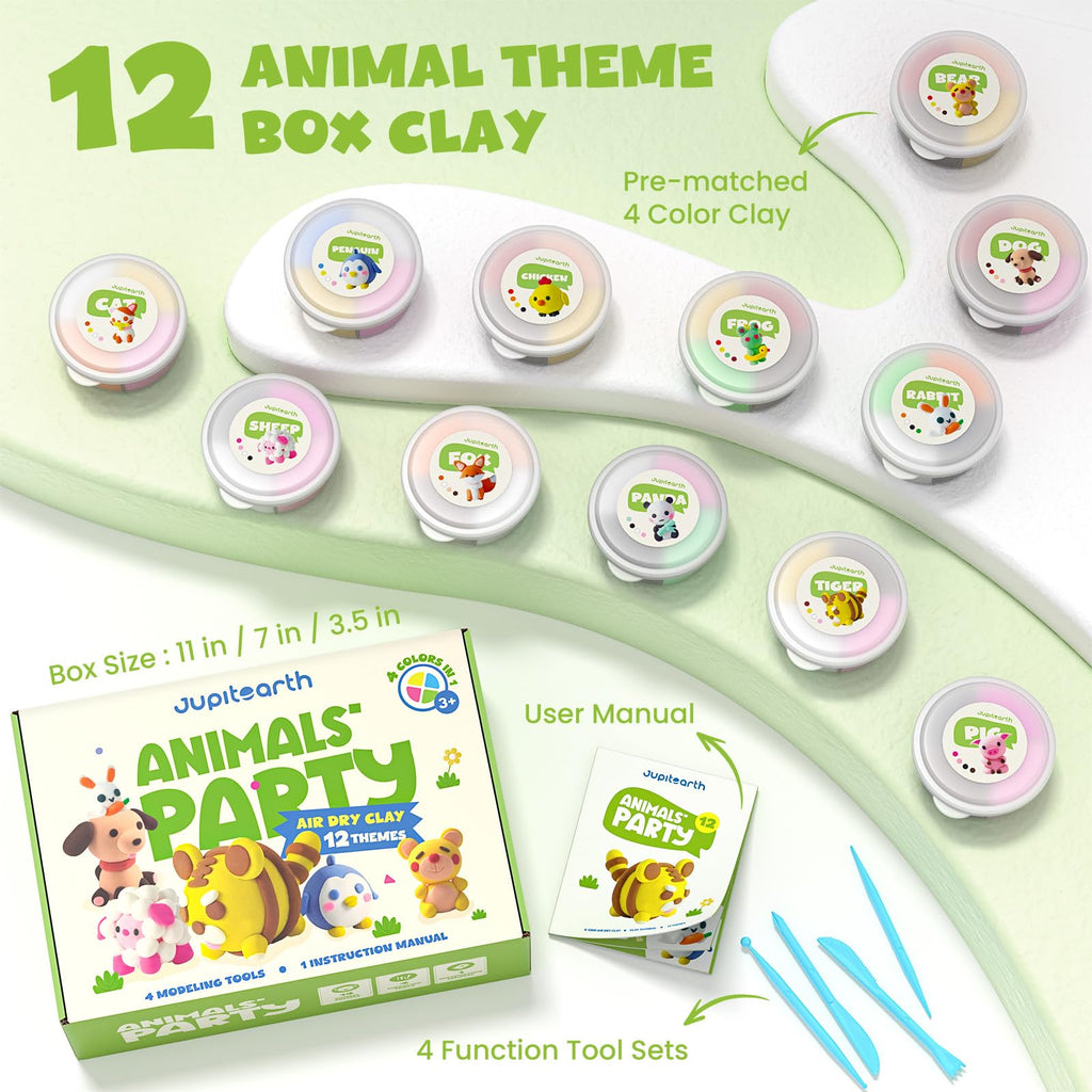 Jupitearth Air Dry Clay,12 Animals Theme Party Foam Clay,Ultra Light Modeling Clay Kit, DIY Art and Home Party Favors
