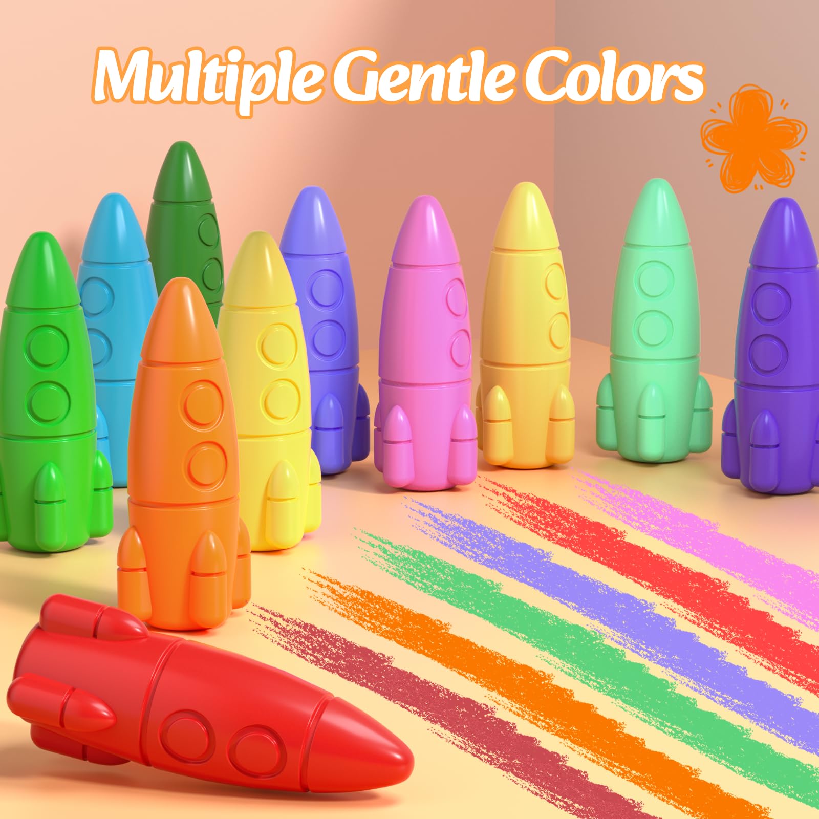 Jupitearth 24 Ct Non-Toxic Washable Rocket Crayons for Toddlers, Easy-to-Hold Gifts & Mess-Free Art Supplies for Little Hands,Back to School Supplies