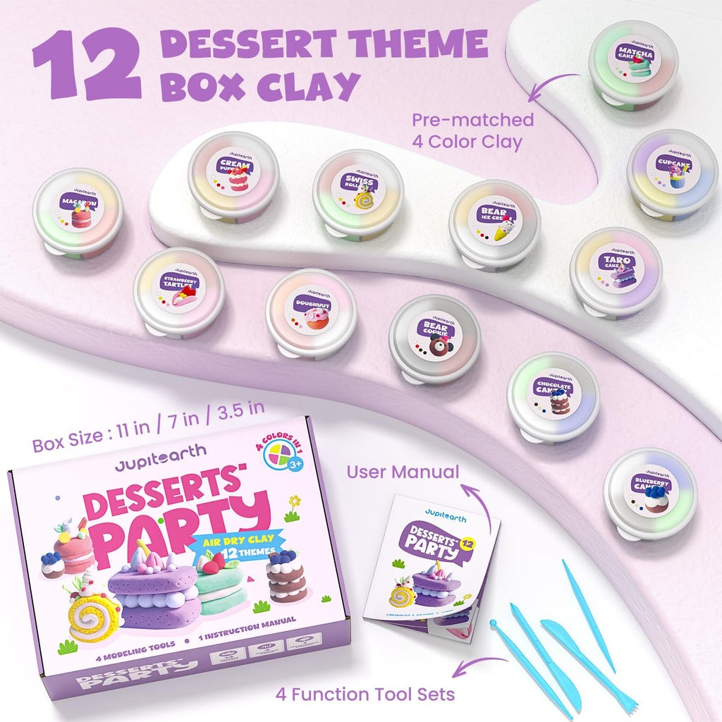 Jupitearth Air Dry Clay,12 Desserts Theme Party Foam Clay,Ultra Light Modeling Clay Kit, DIY Art and Home Party Favors (Dessert)