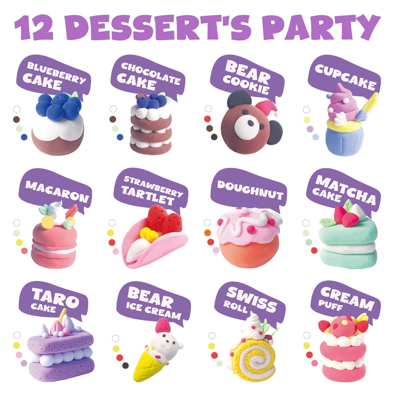 Jupitearth Air Dry Clay,12 Desserts Theme Party Foam Clay,Ultra Light Modeling Clay Kit, DIY Art and Home Party Favors (Dessert)