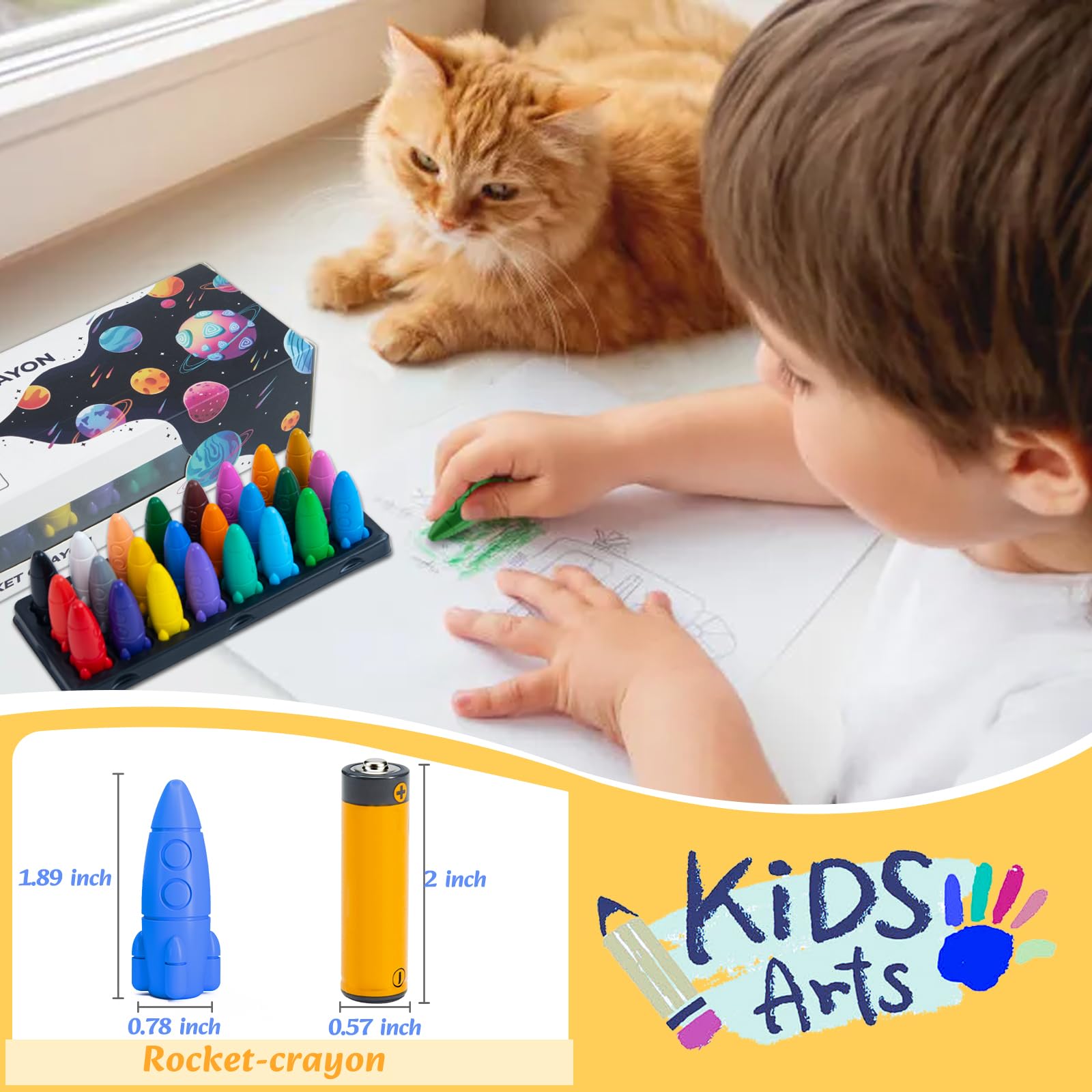Jupitearth 12 Ct Non-Toxic Washable Rocket Crayons for,Easy-to-Hold Gifts & Mess-Free Art Supplies for Little Hands