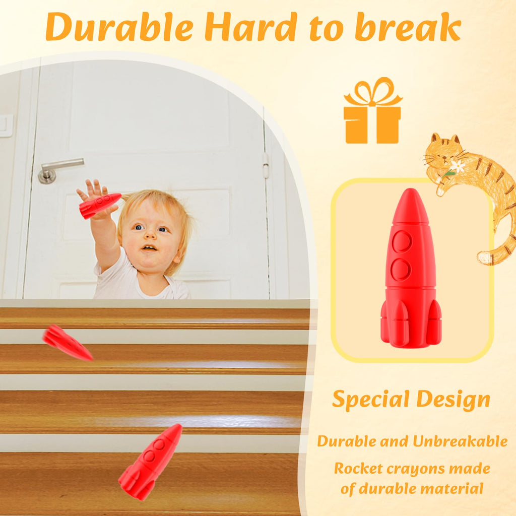 Jupitearth 12 Ct Non-Toxic Washable Rocket Crayons for,Easy-to-Hold Gifts & Mess-Free Art Supplies for Little Hands