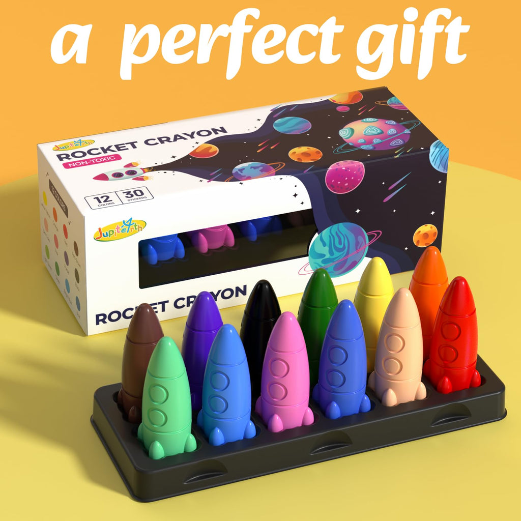 Jupitearth 24 Ct Non-Toxic Washable Rocket Crayons for Toddlers, Easy-to-Hold Gifts & Mess-Free Art Supplies for Little Hands,Back to School Supplies