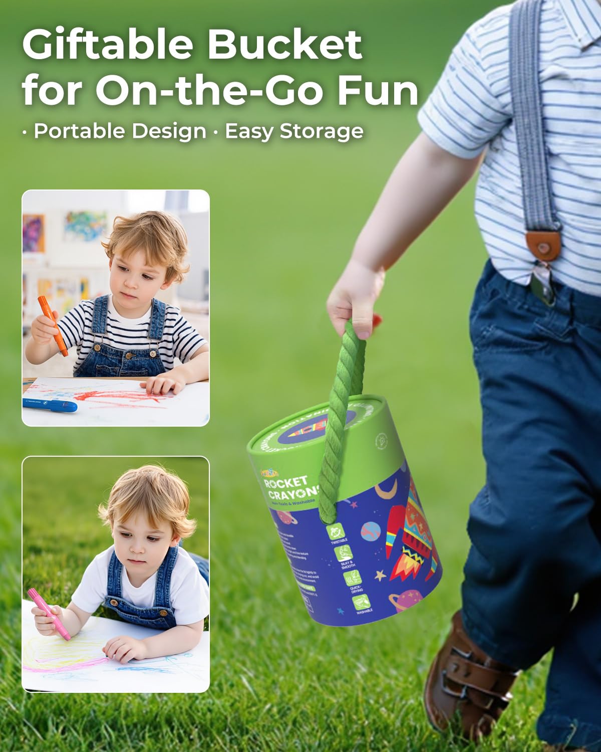 Jupitearth 24 Ct Twist Crayons for Toddlers 1-3,Ages 4-8 Non-Toxic Washable Crayons with Storage Bucket, Ultra-Silky and Easy to Hold Art Supplies