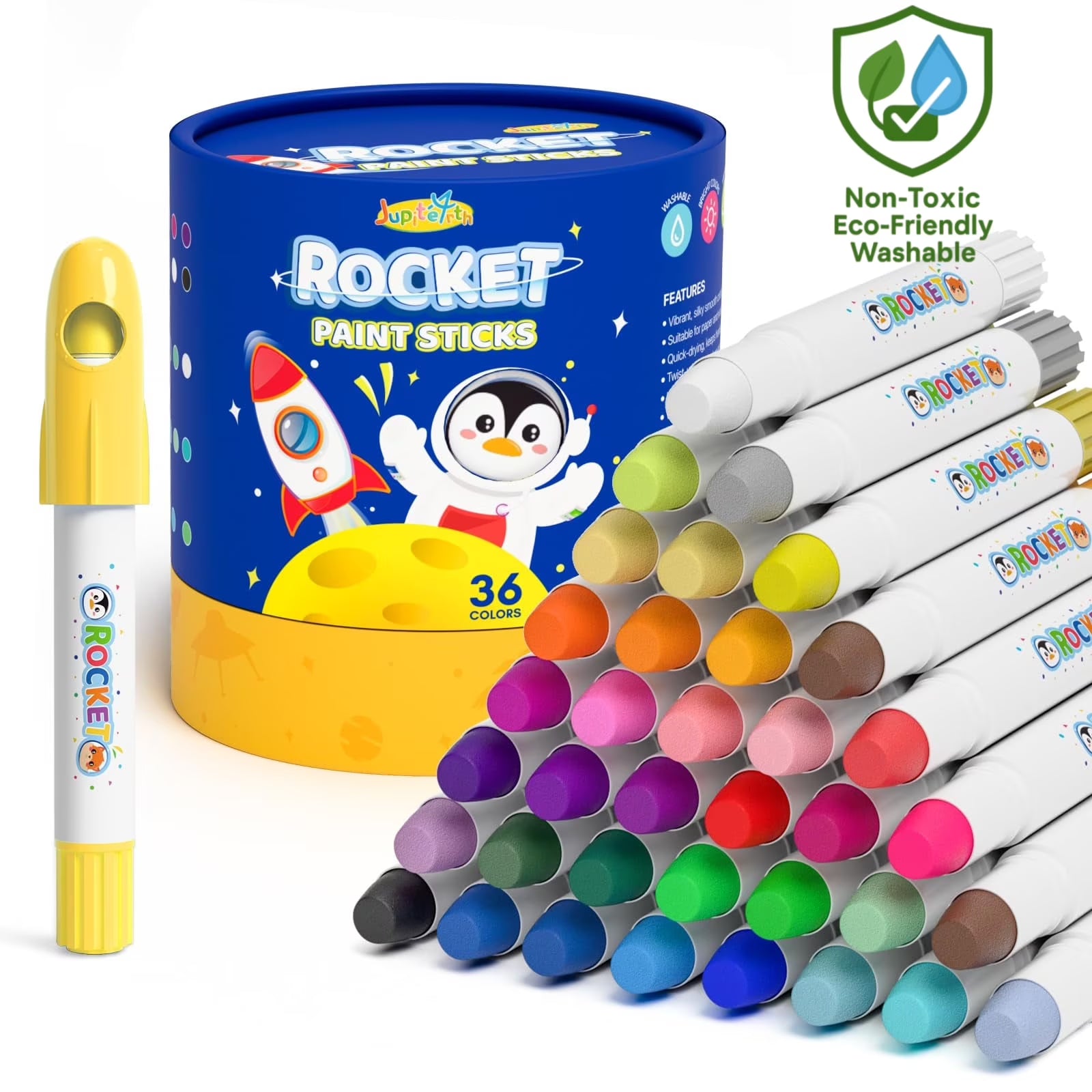 Jupitearth 36 Ct Rocket Tempera Paint Sticks with 120 PDF Coloring Pages, Quick Drying, Non-Toxic and Washable