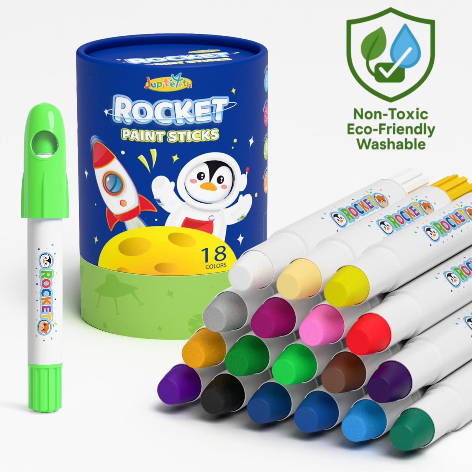 Jupitearth 18 Ct Rocket Tempera Paint Sticks with 120 PDF Coloring Pages, Quick Drying, Non-Toxic and Washable